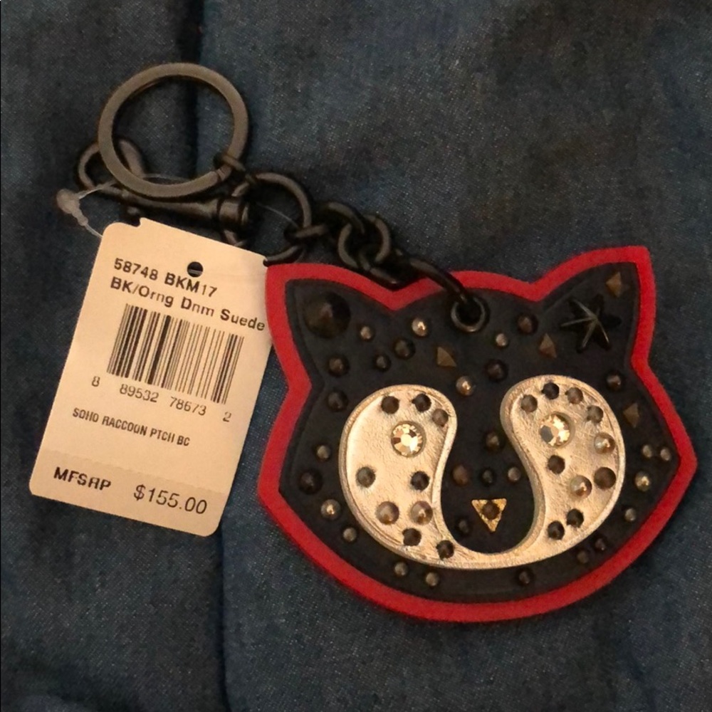 Coach leather and rhinestone kitty keychain NWT